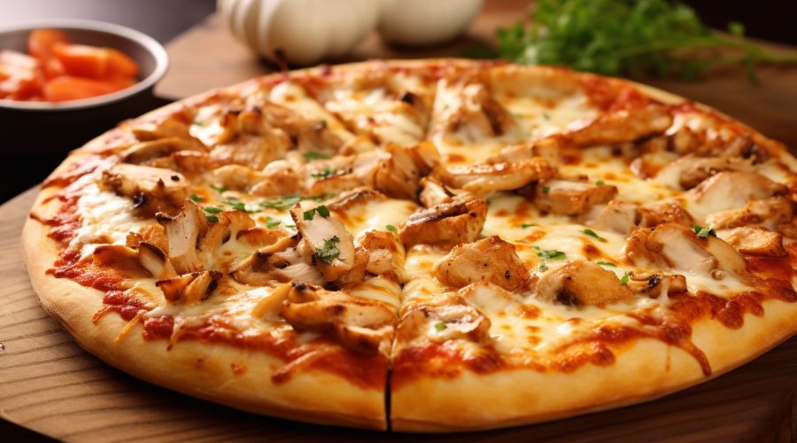 pizza-com-cogumelos-e-queijo-em-uma-placa-de-madeira-em-um-fundo-escuro
